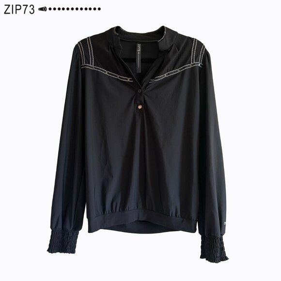 Zip73 Black Studded Top Blouse Sz M Gathered Sleeve Western Goth Boho Cowgirl - Picture 6 of 6